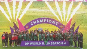 Desert Vipers players celebrate winning ILT20 Season 4 title with trophy, confetti and fireworks during championship presentation ceremony