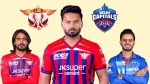 Digvesh Rathi, Nitish Rana and Rishabh Pant in IPL jerseys with Lucknow Super Giants and Delhi Capitals logos in background