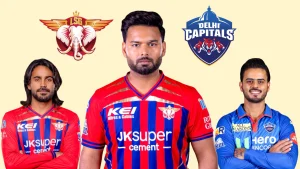 Digvesh Rathi, Nitish Rana and Rishabh Pant in IPL jerseys with Lucknow Super Giants and Delhi Capitals logos in background