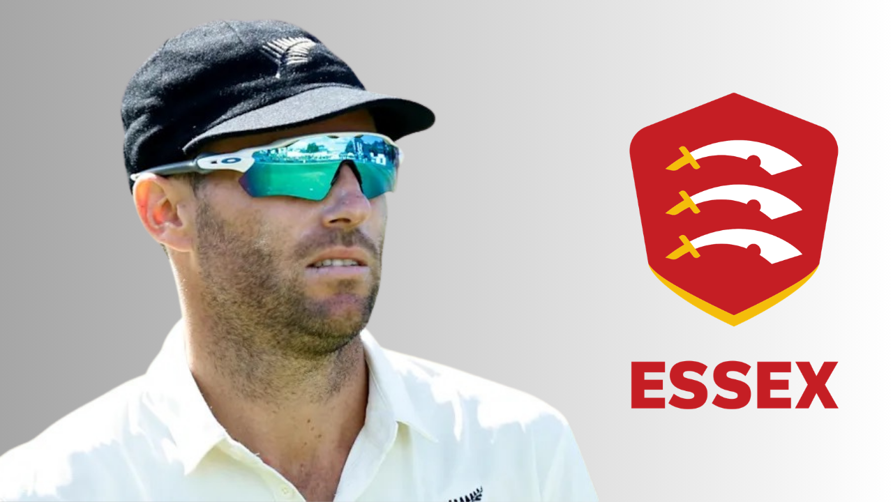 Doug Bracewell wearing New Zealand cap and sunglasses alongside Essex CCC logo representing county cricket team affiliation