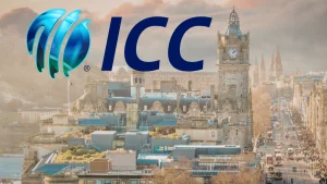Edinburgh city with ICC cricket logo representing international cricket in Scotland