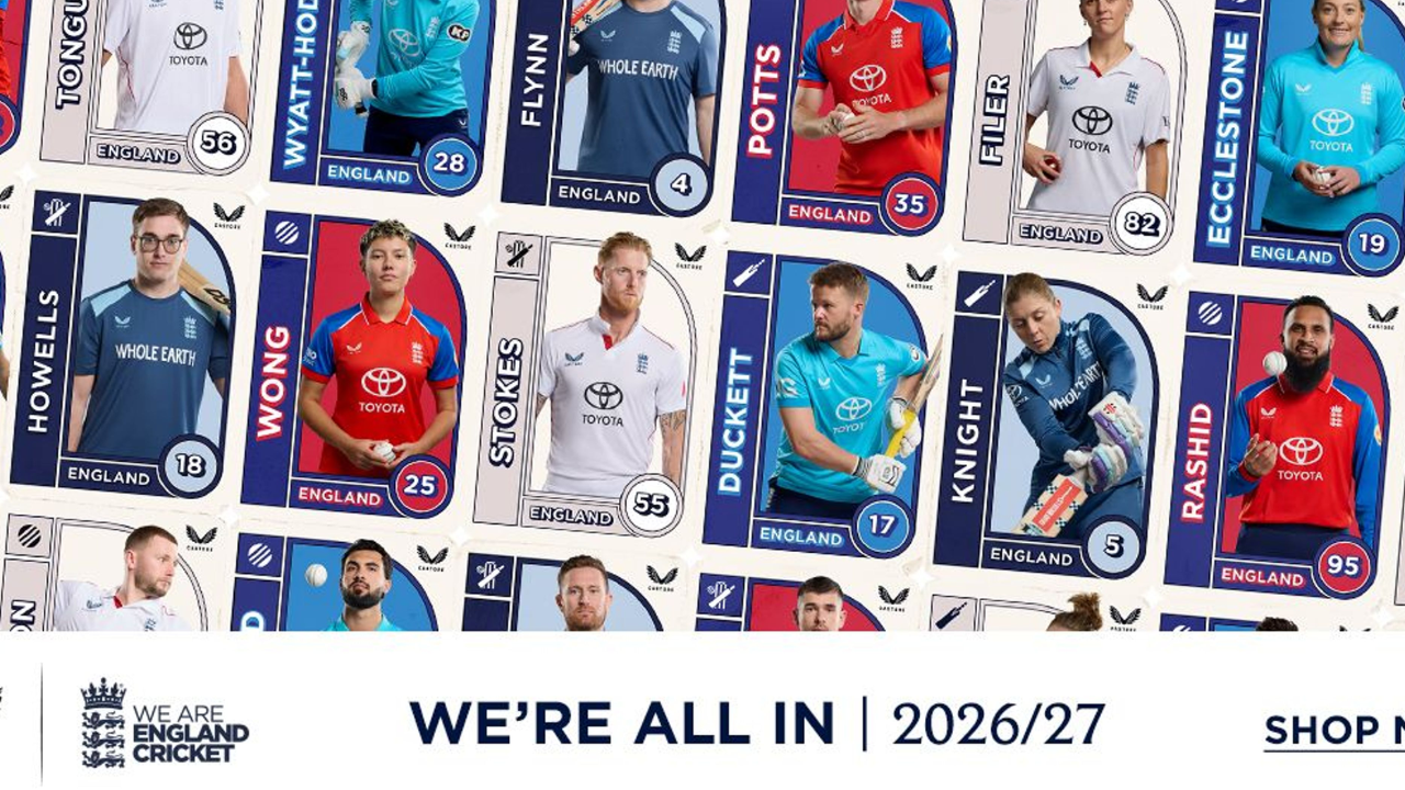 England cricket players wearing 2026–2027 kit collection shown as trading card style lineup with home and away uniforms