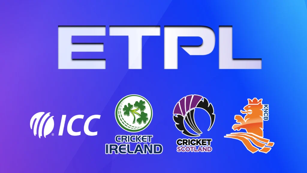 ETPL logo with ICC, Cricket Ireland, Cricket Scotland and KNCB logos representing European cricket partnership and league structure