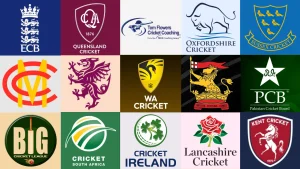 Collection of international and domestic cricket board logos including ECB, PCB, Cricket Australia, Cricket Ireland, South Africa and county clubs