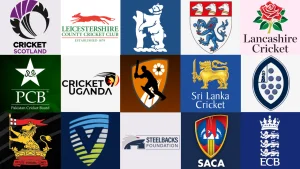 Collection of global cricket board and county club logos including ECB, PCB, Sri Lanka Cricket, Lancashire, Leicestershire and other international cricket organizations