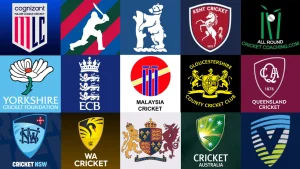Collage of global cricket board logos including MLC ECB Cricket Australia NSW WA Kent Gloucestershire and others