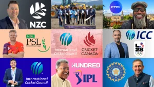 Collage featuring global cricket organizations and leagues including ICC, PSL, IPL, BCCI, NZC and ETPL with players and officials portraits