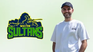 Gohar Shah smiling in Multan Sultans training shirt with Multan Sultans logo on background representing PSL cricket team affiliation