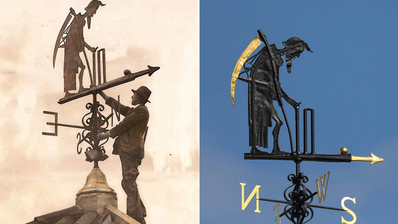 Side-by-side comparison of historic and modern grim reaper cricket weather vane, showing a man adjusting the vane and a restored version against a blue sky.
