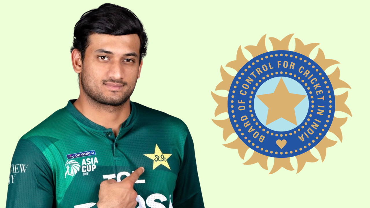 Hassan Nawaz in Pakistan cricket jersey alongside BCCI logo representing Board of Control for Cricket in India