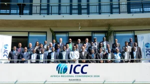 Banner for ICC Africa Regional Conference 2026 in Namibia displayed at an official cricket administration event.