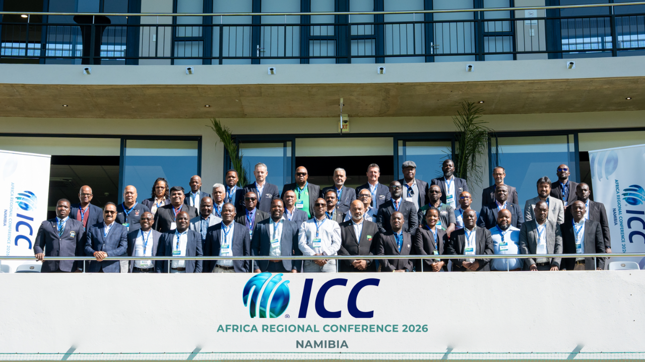 Banner for ICC Africa Regional Conference 2026 in Namibia displayed at an official cricket administration event.