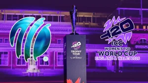 ICC Women’s T20 World Cup 2026 logo alongside ICC emblem and trophy during official trophy tour event display.