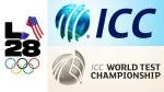 ICC and World Test Championship logos with LA28 branding over a modern architectural background with warm lighting.