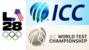 ICC and World Test Championship logos with LA28 branding over a modern architectural background with warm lighting.
