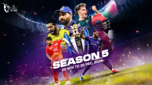 ILT20 Season 5 2026 promotional image featuring multiple cricket players in action around a central trophy in a stadium setting with match dates displayed.