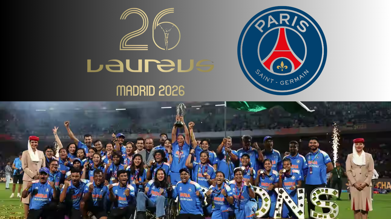 Indian women’s cricket team celebrating trophy win with Laureus 2026 Madrid logo and Paris Saint-Germain logo displayed above