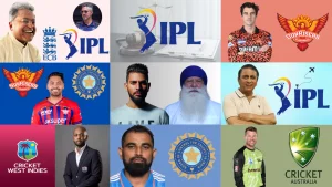 Collage featuring IPL cricket players, BCCI and ECB logos, Sunrisers Hyderabad branding, and international cricket figures including West Indies and Australia representatives