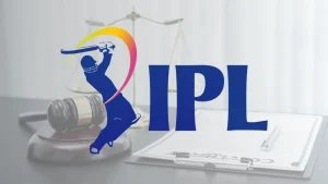 IPL logo with cricket batsman silhouette over legal background with gavel and scales representing cricket governance and law