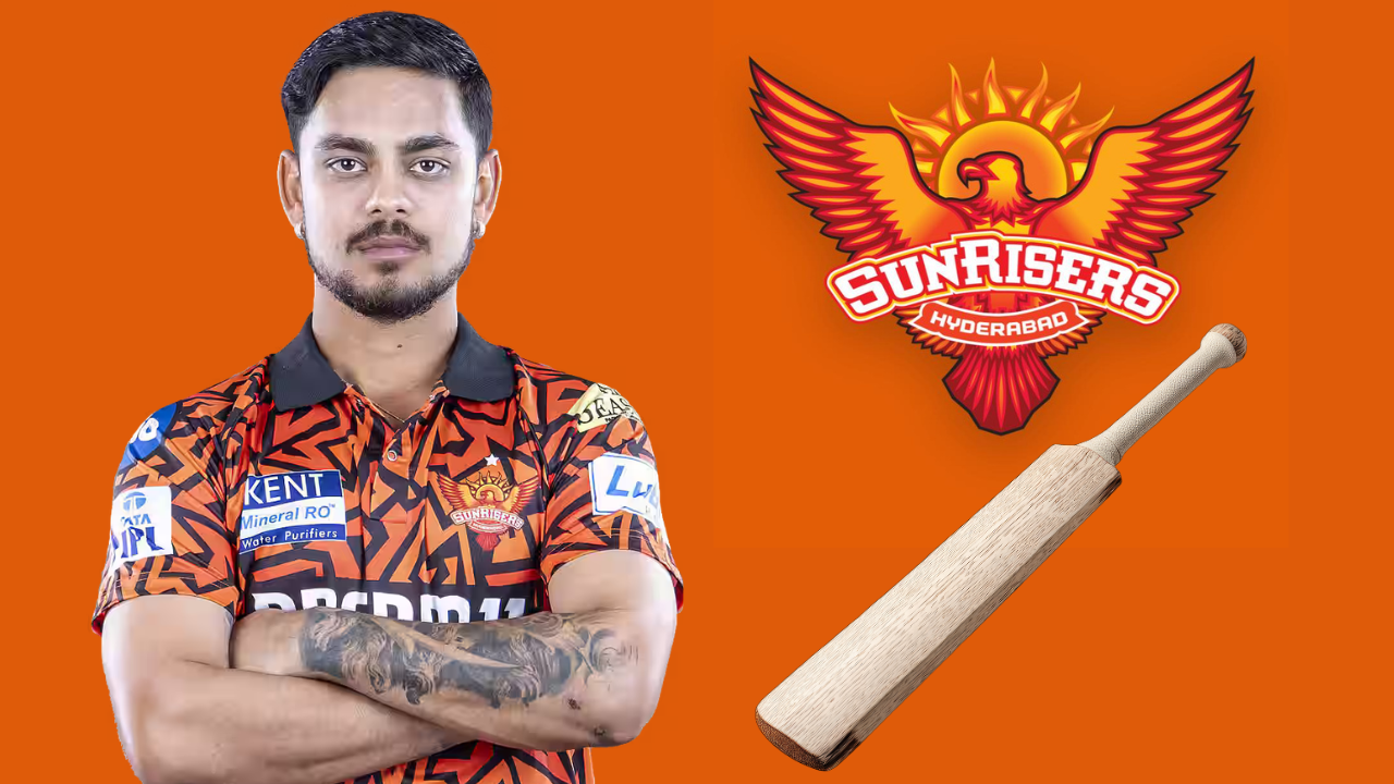 Ishan Kishan in Sunrisers Hyderabad jersey with SRH logo and cricket bat on orange background, representing IPL team branding.