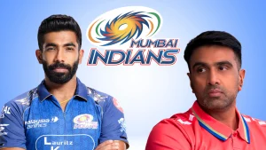 Jasprit Bumrah and Ravi Ashwin pictured with Mumbai Indians logo representing IPL cricket players and franchise branding