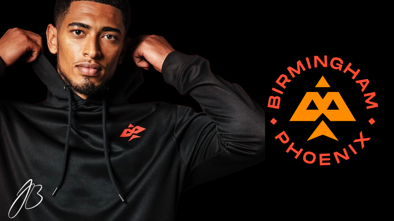 Jude Bellingham wearing black hoodie alongside Birmingham Phoenix logo on dark background.