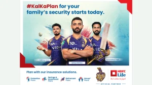 Ajinkya Rahane, Vaibhav Arora and Ramandeep Singh in Kolkata Knight Riders jerseys featured in HDFC Life Kal Ka Plan insurance campaign promoting family security