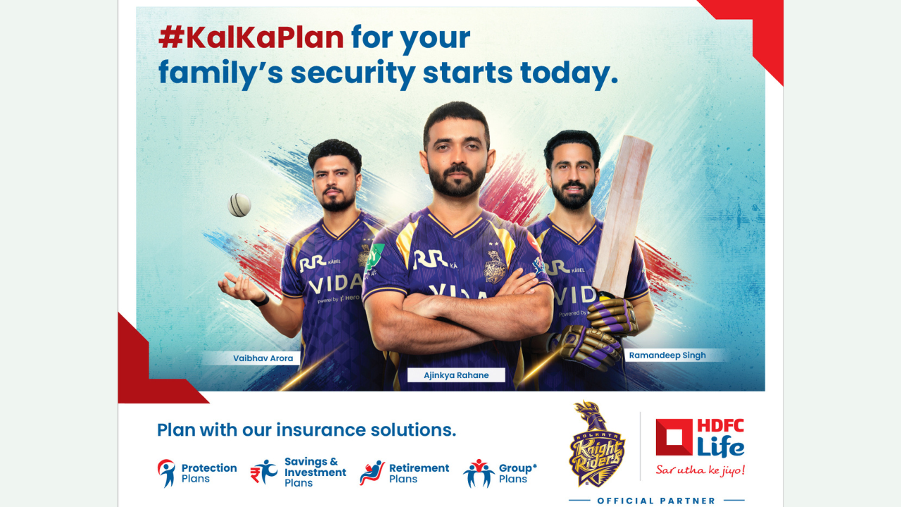 Ajinkya Rahane, Vaibhav Arora and Ramandeep Singh in Kolkata Knight Riders jerseys featured in HDFC Life Kal Ka Plan insurance campaign promoting family security