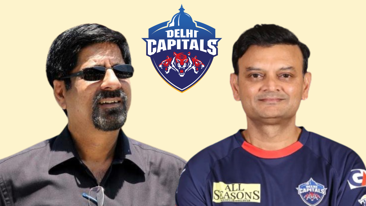 Krishnamachari Srikkanth and Hemang Badani alongside Delhi Capitals logo related to IPL cricket team