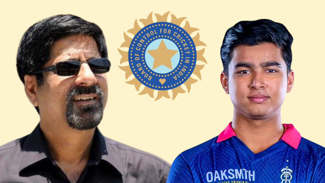 Krishnamachari Srikkanth and Vaibhav Sooryavanshi with BCCI logo representing Indian cricket.