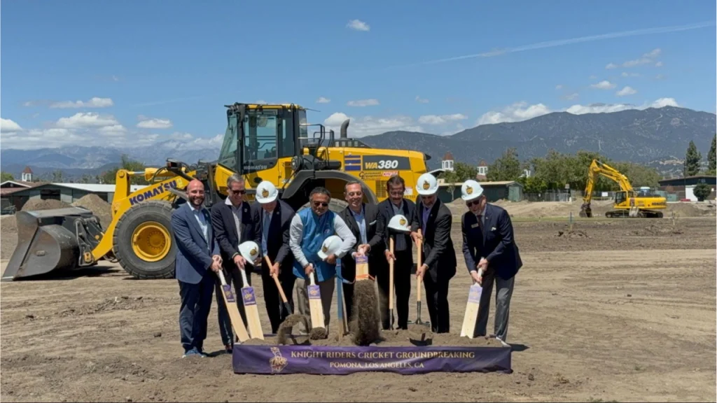 Officials at LA Knight Riders cricket ground groundbreaking ceremony in Pomona Los Angeles using bats and shovels at construction site.