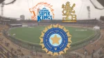 M Chinnaswamy Stadium with BCCI, Royal Challengers Bengaluru and Chennai Super Kings logos representing IPL teams and venue