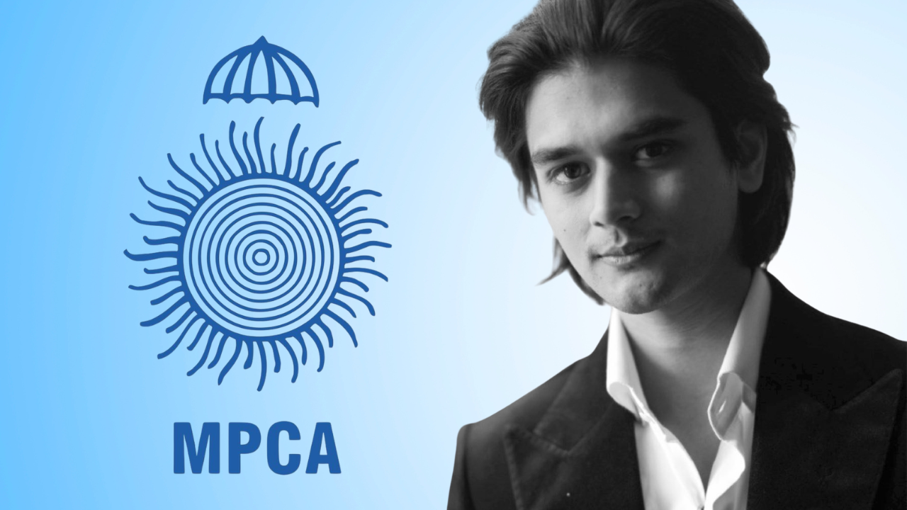 Mahanaaryaman Scindia portrait with MPCA Madhya Pradesh Cricket Association logo on blue background representing cricket administration leadership