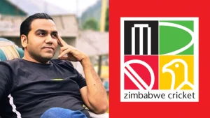 Majid Khan sitting casually outdoors with Zimbabwe Cricket logo displayed alongside on a red background.