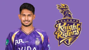 Matheesha Pathirana in Kolkata Knight Riders jersey with KKR team logo on purple background representing IPL franchise branding.