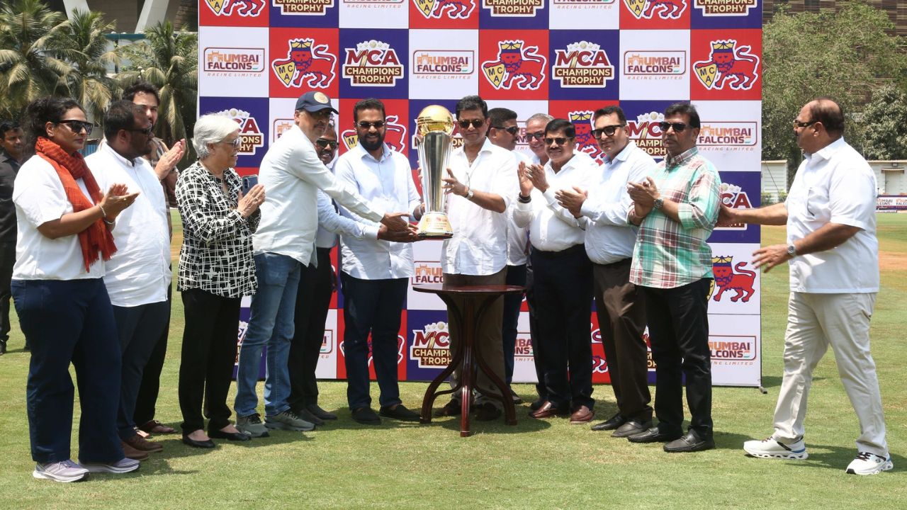MCA officials including Ajinkya Naik, Rajeev Kulkarni and Diana Edulji unveil trophy at Mumbai Cricket Association Champions Trophy 2026 launch