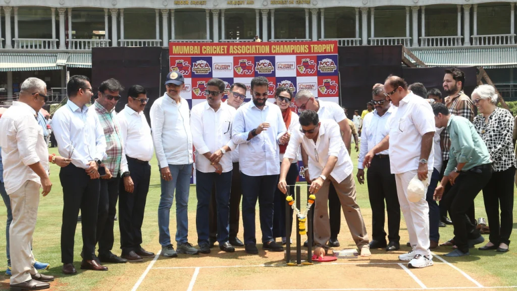 MCA officials perform ceremonial pitch ritual during Mumbai Cricket Association Champions Trophy 2026 event
