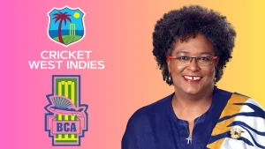 Barbados Prime Minister Mia Mottley with Cricket West Indies (CWI) and Barbados Cricket Association (BCA) logos on a colorful background.