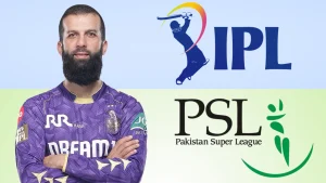 Moeen Ali featured alongside IPL and PSL logos representing Indian Premier League and Pakistan Super League cricket competitions
