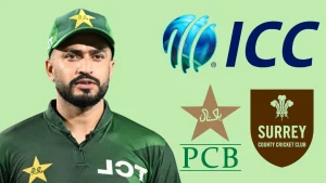 Mohammad Nawaz in Pakistan jersey alongside ICC, PCB and Surrey County Cricket Club logos.
