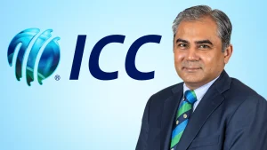 ICC chairman Mohsin Naqvi official portrait alongside ICC logo on light blue background