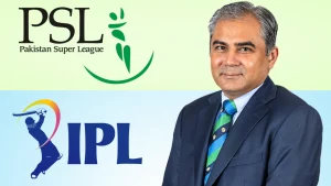 Mohsin Naqvi portrait alongside Pakistan Super League (PSL) and Indian Premier League (IPL) logos representing cricket league comparison