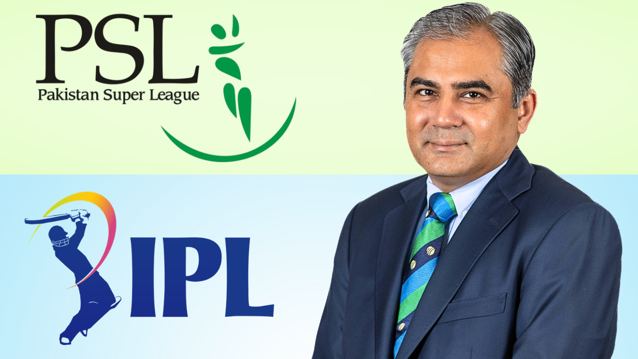Mohsin Naqvi portrait alongside Pakistan Super League (PSL) and Indian Premier League (IPL) logos representing cricket league comparison