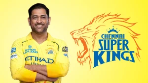 MS Dhoni in Chennai Super Kings jersey with CSK team logo on yellow background representing IPL franchise branding