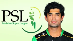 Naseem Shah portrait with Pakistan Super League PSL logo on a light background