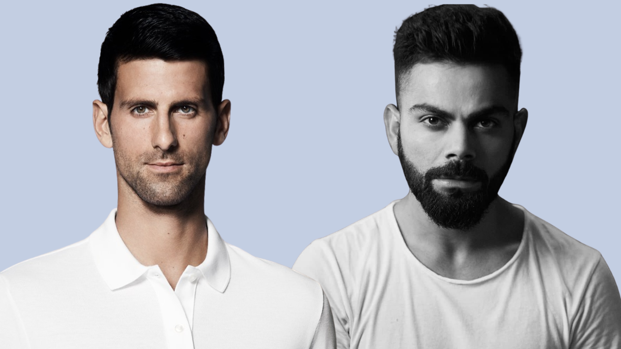 Novak Djokovic and Virat Kohli portrait showing tennis and cricket superstars against neutral background.