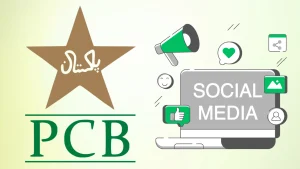 Pakistan Cricket Board PCB logo with social media icons representing digital engagement strategy and online platforms