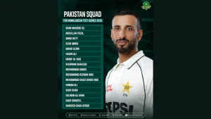 Pakistan squad for Bangladesh Test series 2026 featuring Shan Masood and team list with player names alongside portrait