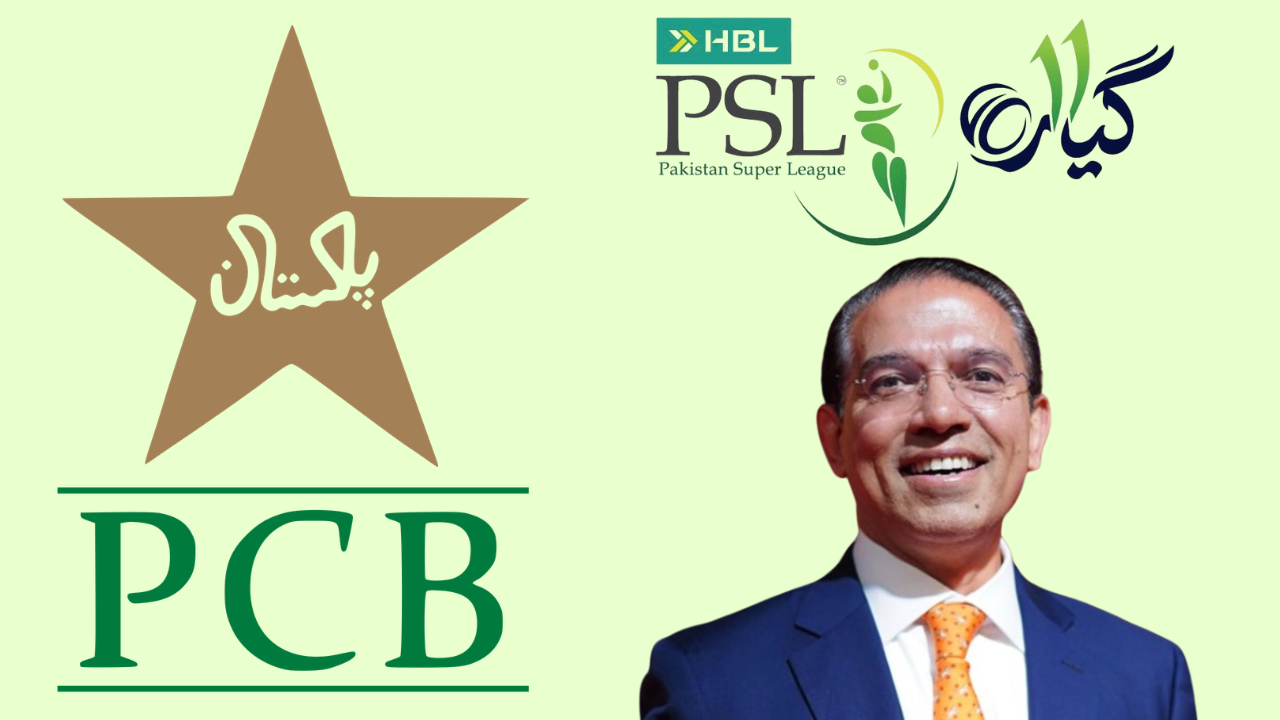 Pakistan Cricket Board (PCB) logo and HBL PSL 11 logo alongside Ali Naqvi on a light green background