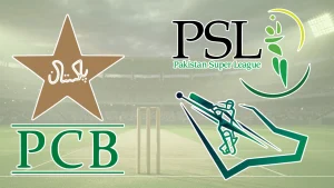 PCB, Pakistan Super League (PSL), and Cricket Saudi logos displayed over cricket stadium background representing leagues and governing bodies